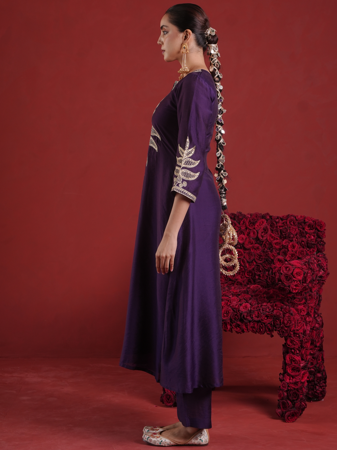 Purple Chanderi Sequin-Zari Kurta Set with Organza Dupatta