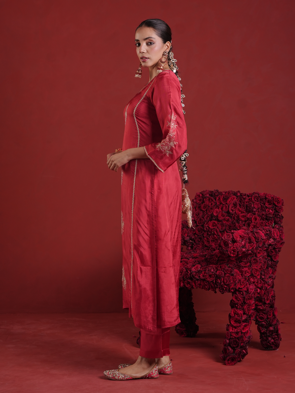 Maroon Zari Sequin Motif Silk Straight Kurta Set