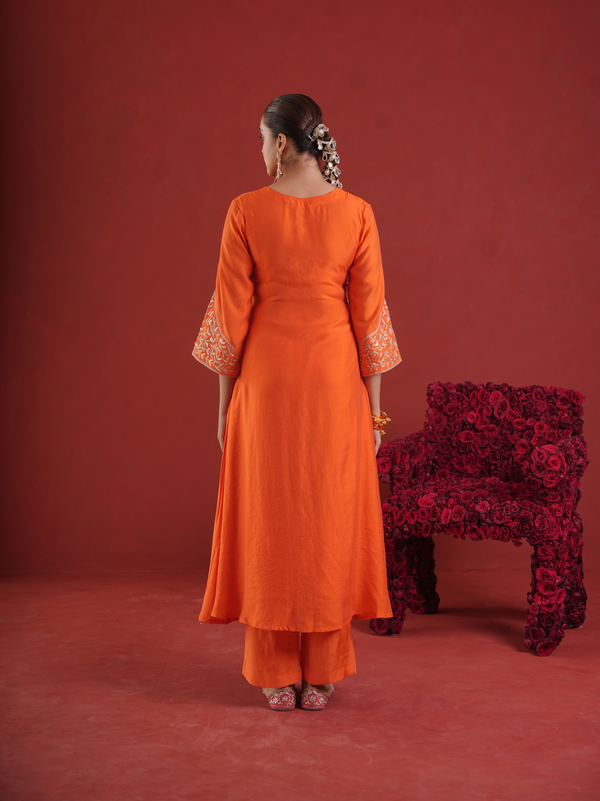 Orange Chanderi Zari & Sequin Embroidered Kurta Pant Set with Organza Dupatta