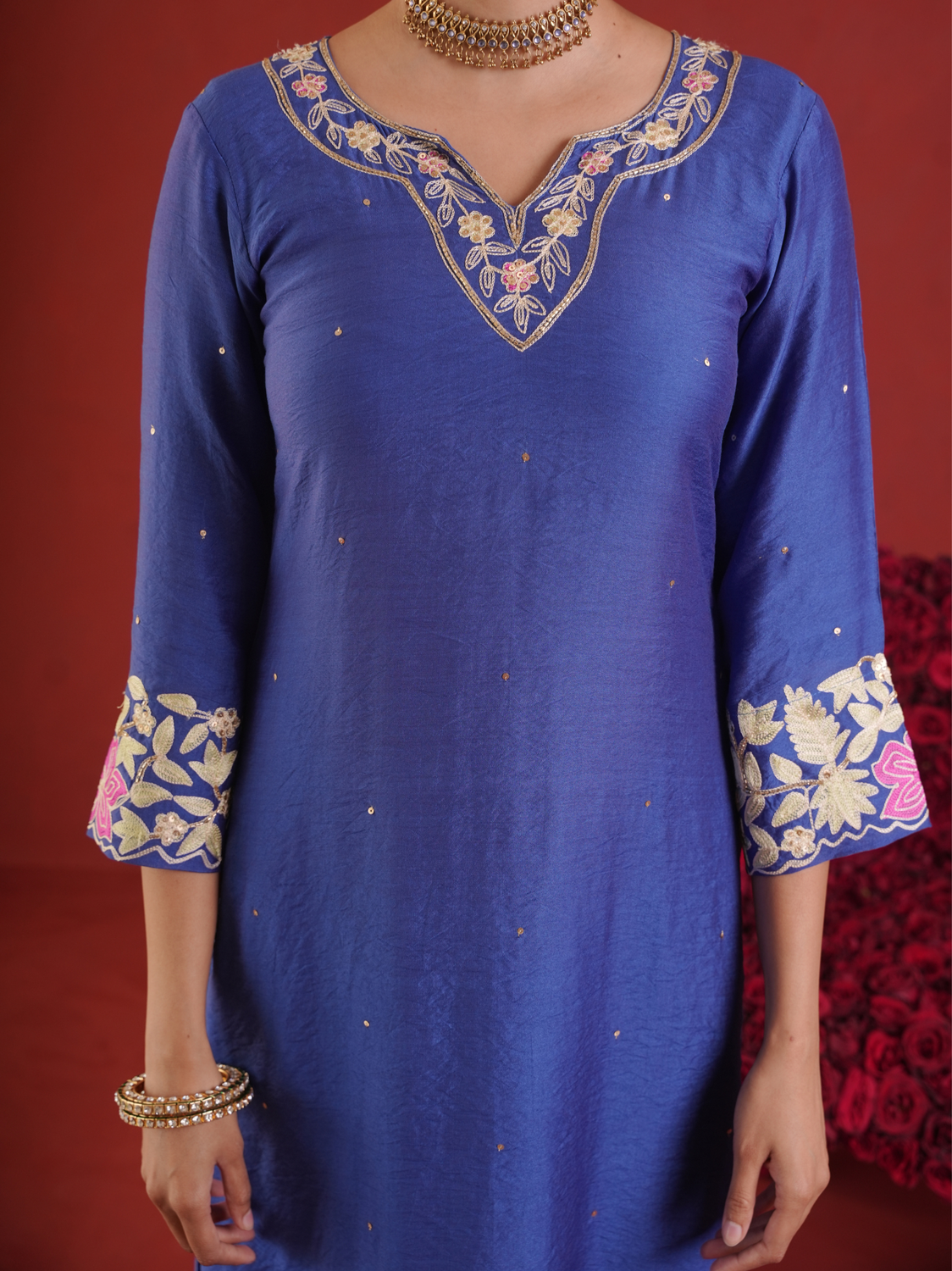 Royal Blue Chanderi Embroidered Kurta Pant Set with Organza Dupatta