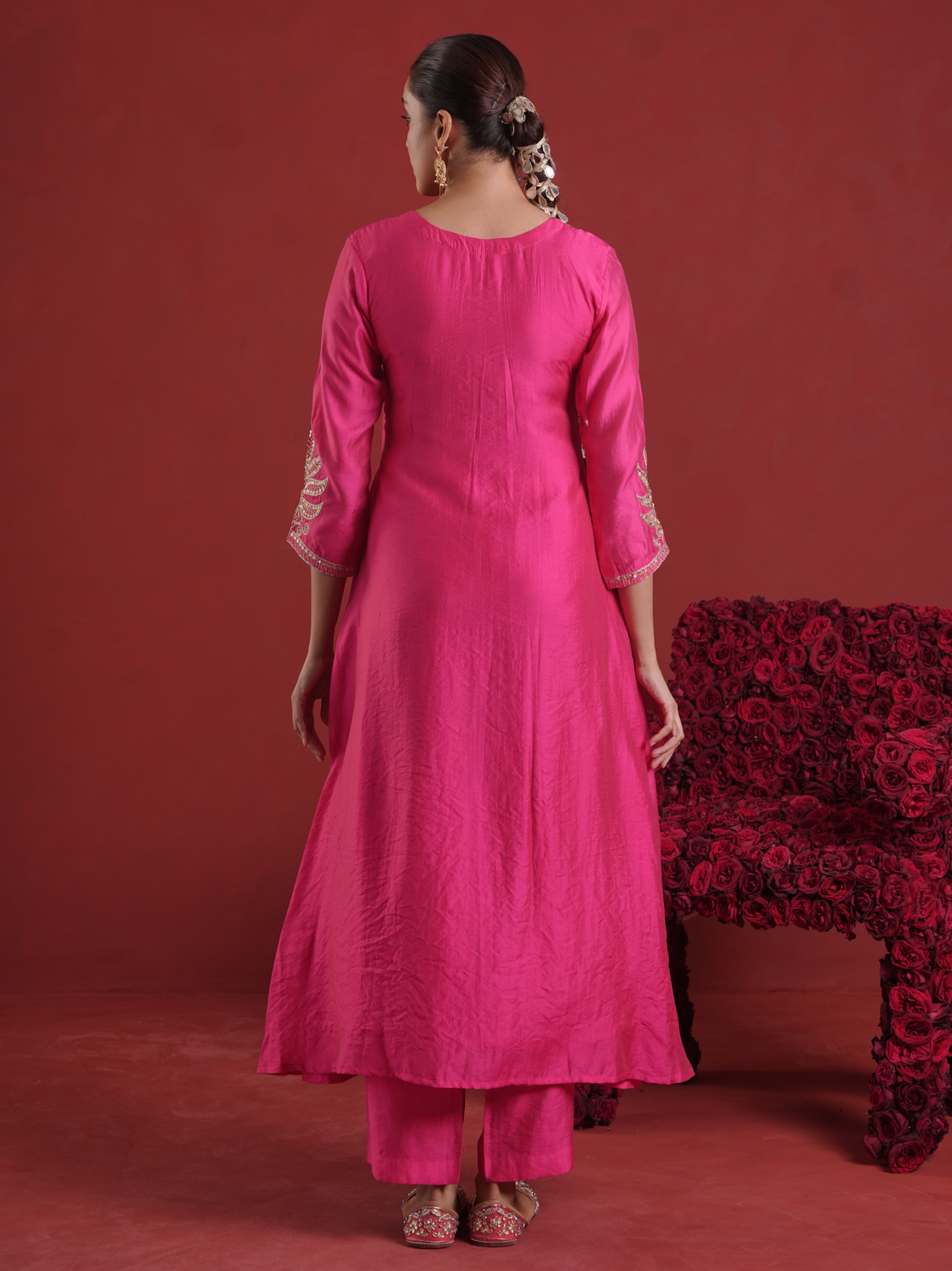 Fuchsia Pink Chanderi Sequin-Zari Kurta Set with Organza Dupatta