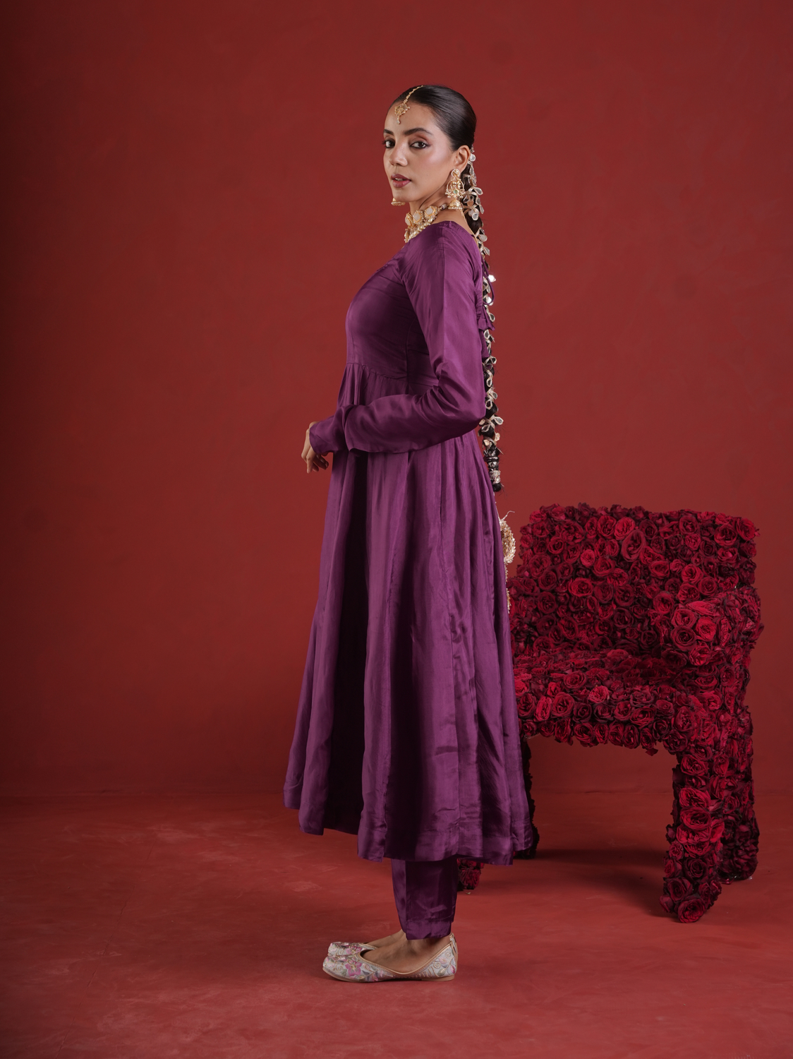 Royal Plum Silk Zari & Sequin Embroidered Anarkali with Zari Jaal Organza Dupatta