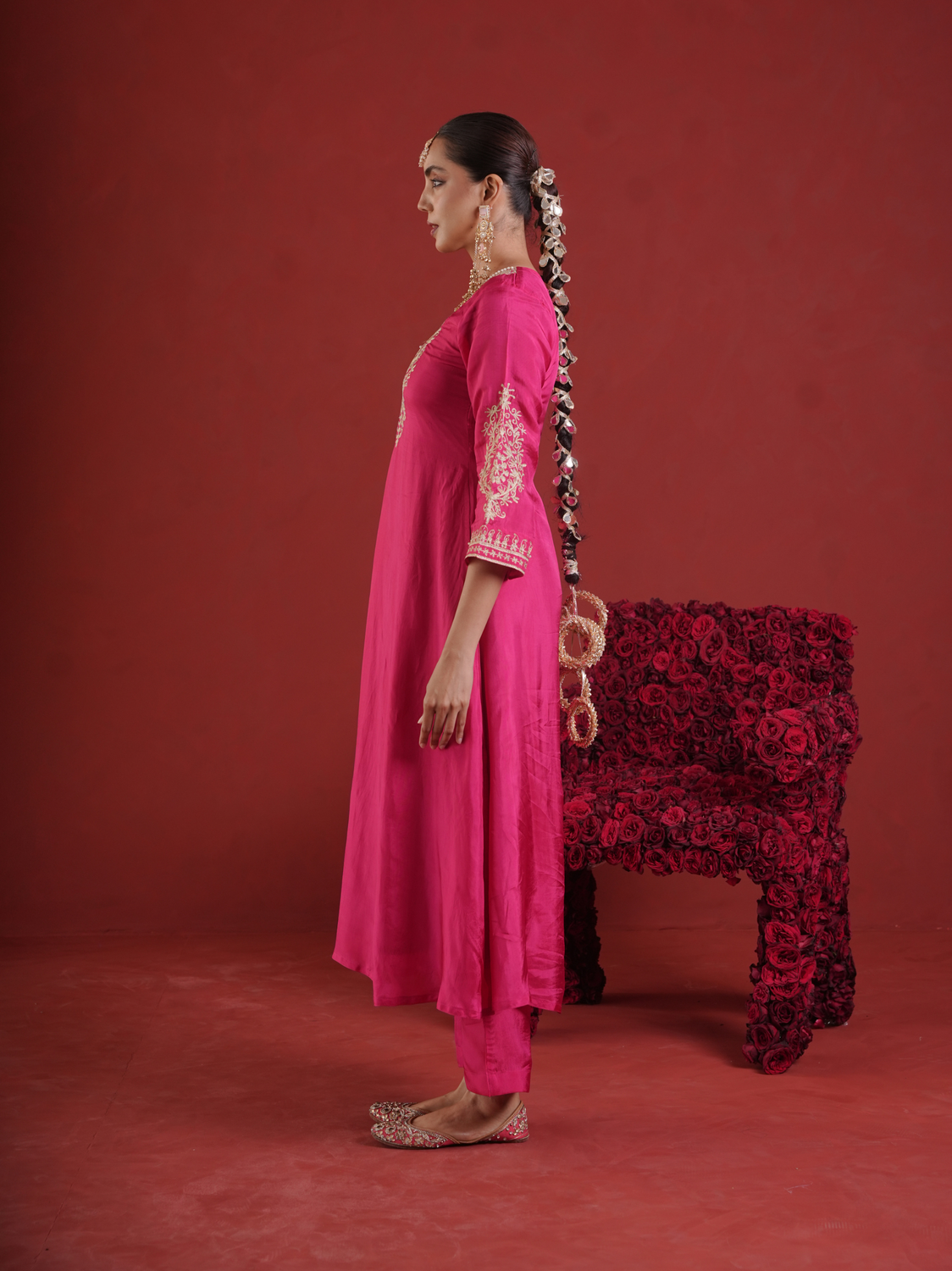 Pink Silk Zari & Sequin Embroidered Kurta Pant Set with Dupatta