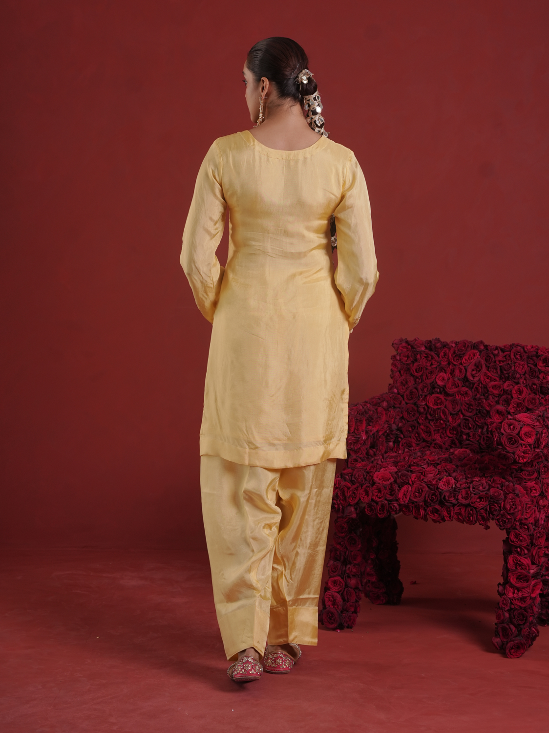 Butter Yellow Silk Kurta with Farsi Salwar & Organza Dupatta