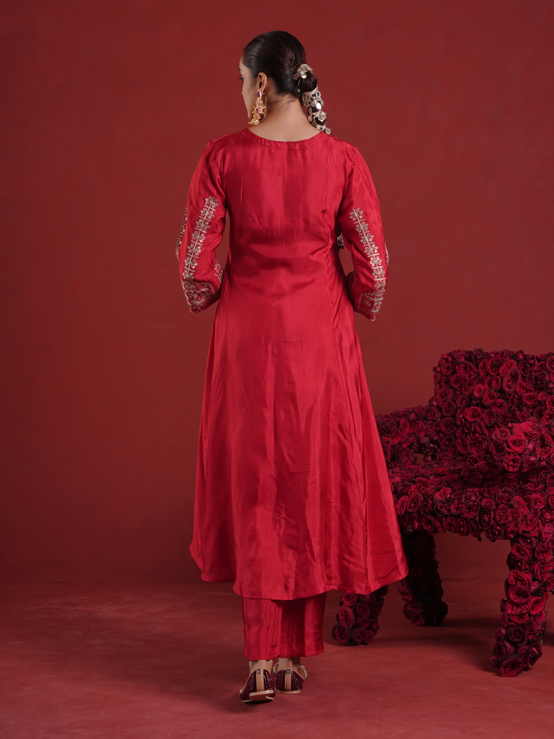 Red Silk Aari & Sequin Embroidered Silk Kurta Set with Organza Dupatta