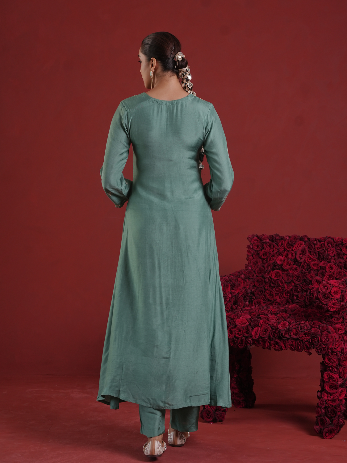 Sage Green Silk Kurta Set with Hand-Embellished Organza Dupatta