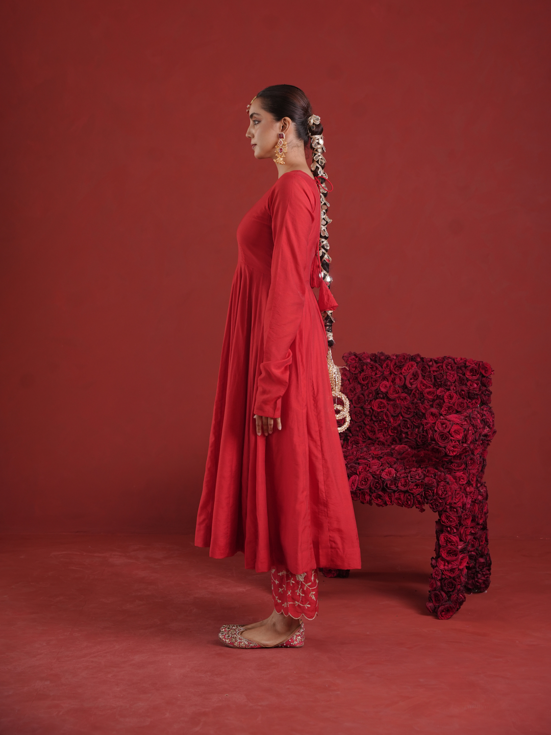 Red Chanderi Anarkali with Embroidered Zari Pants & Organza Dupatta