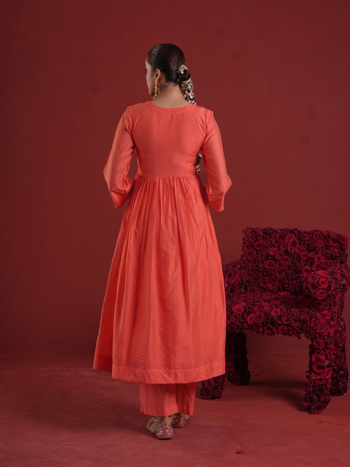 Orange Chanderi Zari Hand-Embroidered Kurta Set with Dupatta