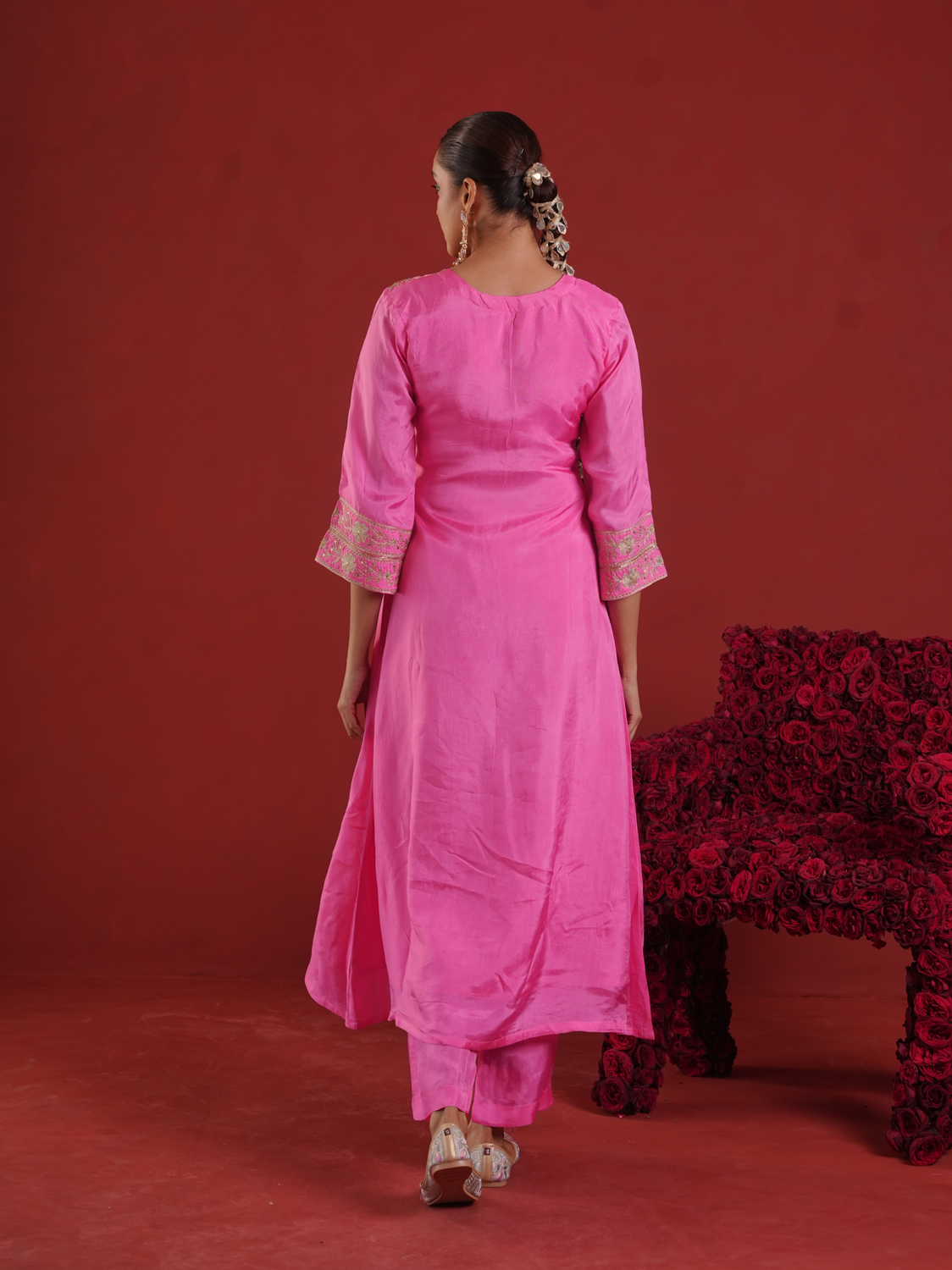 Pink Zari Embroidered Silk Kurta with Dupatta