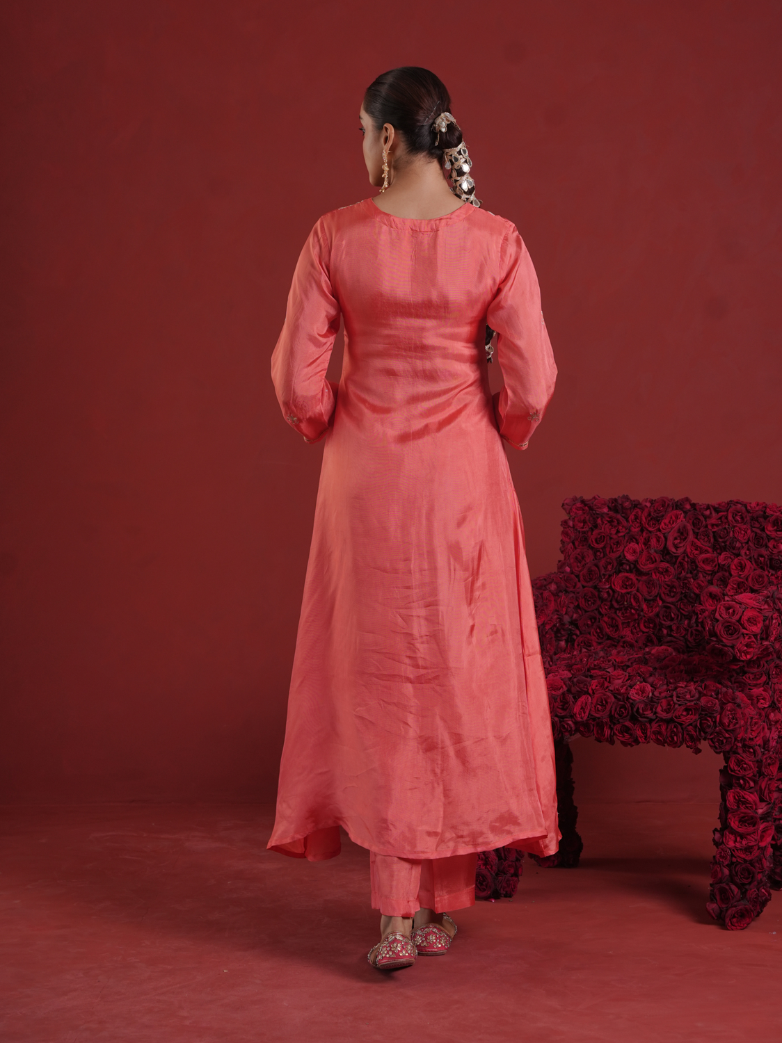Peach Silk Kurta Set with Hand-Embellished Organza Dupatta