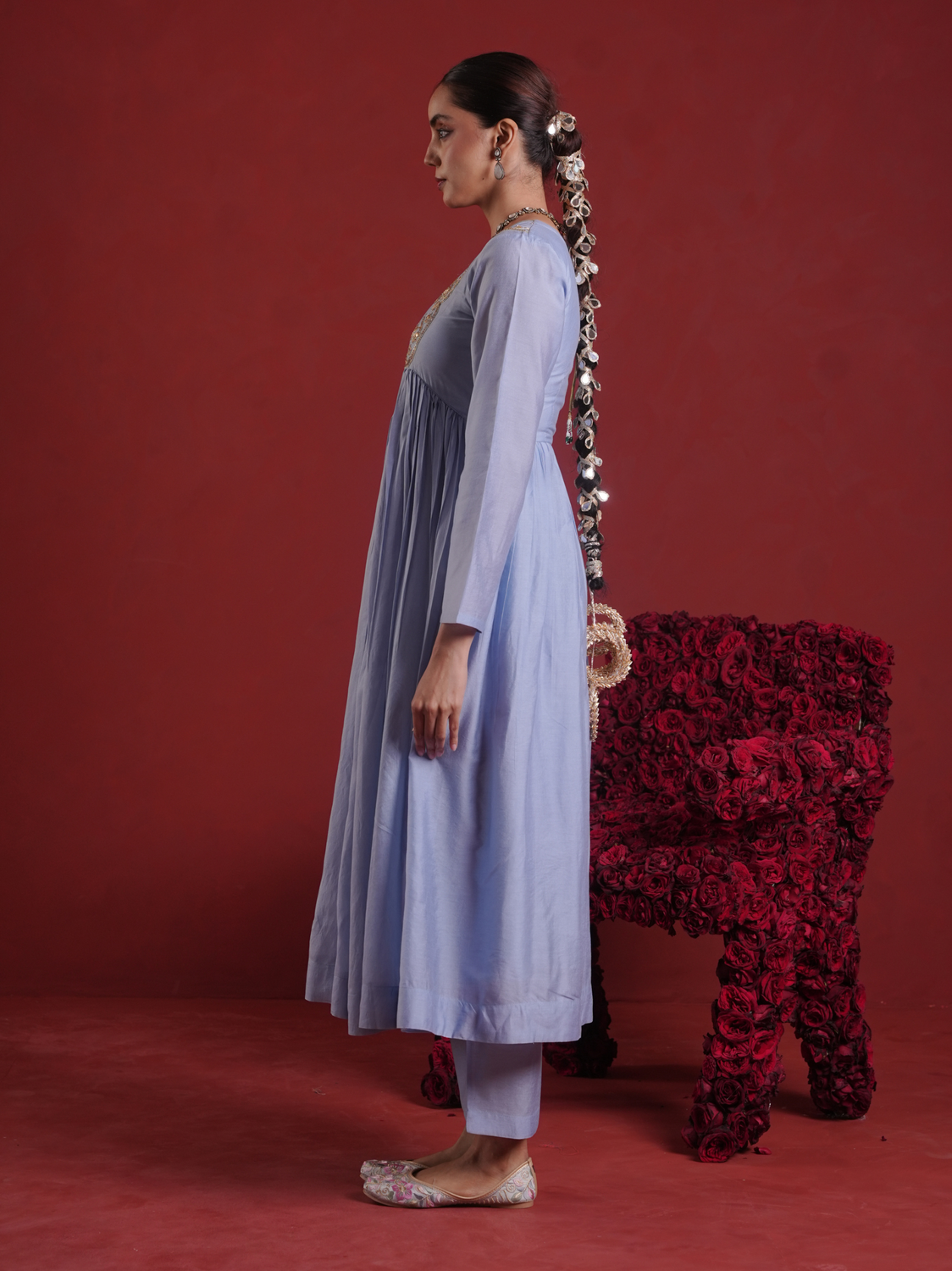 Powder Blue Zari Sequin Chanderi Gathered Kurta Set with Organza Dupatta