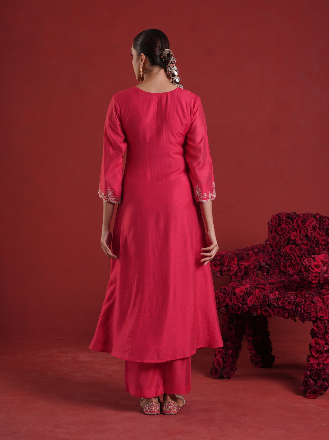 Ruby Red Pearl Embellished Chanderi Kurta Set with Organza Dupatta