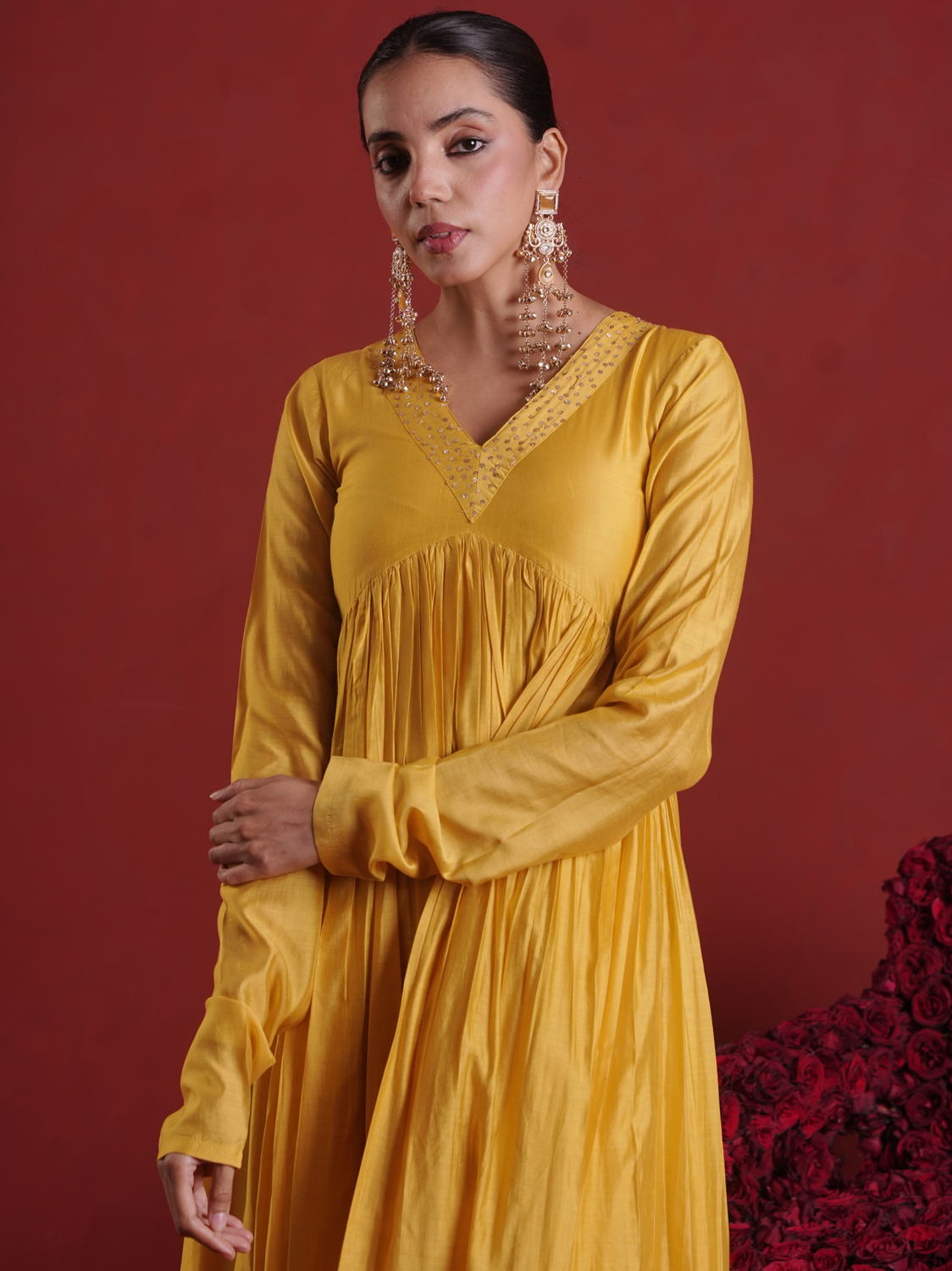 Amber Mustard Sequin Embellished Chanderi Kurta Set with Dupatta
