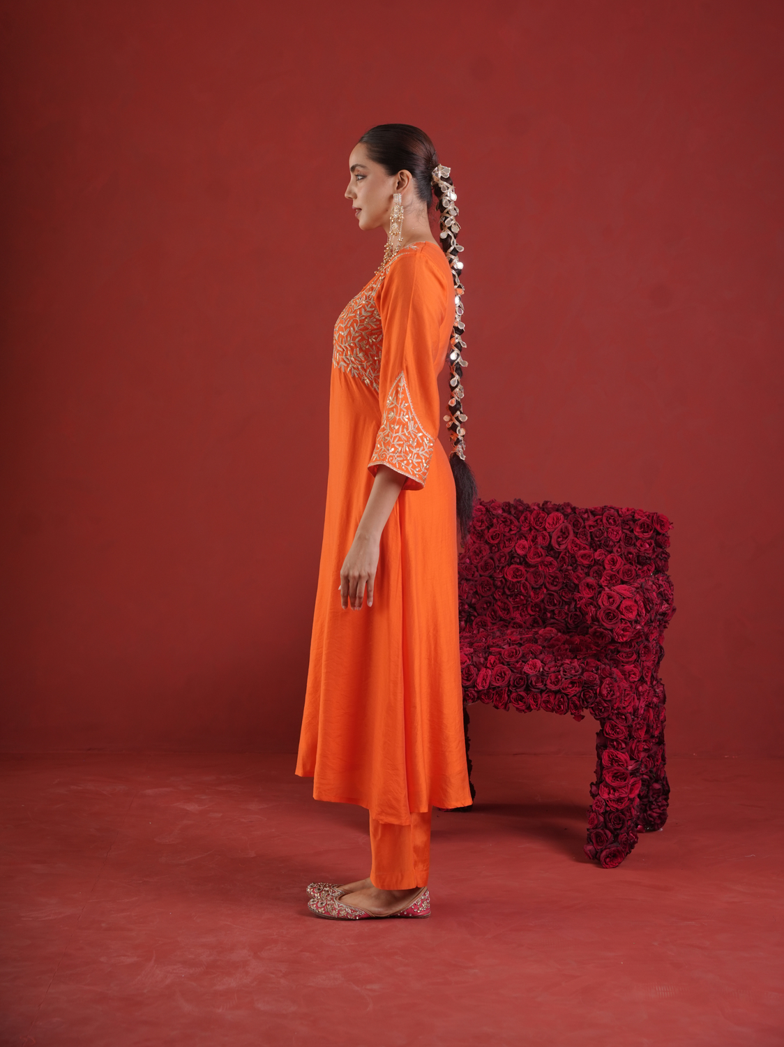 Orange Chanderi Zari & Sequin Embroidered Kurta Pant Set with Organza Dupatta
