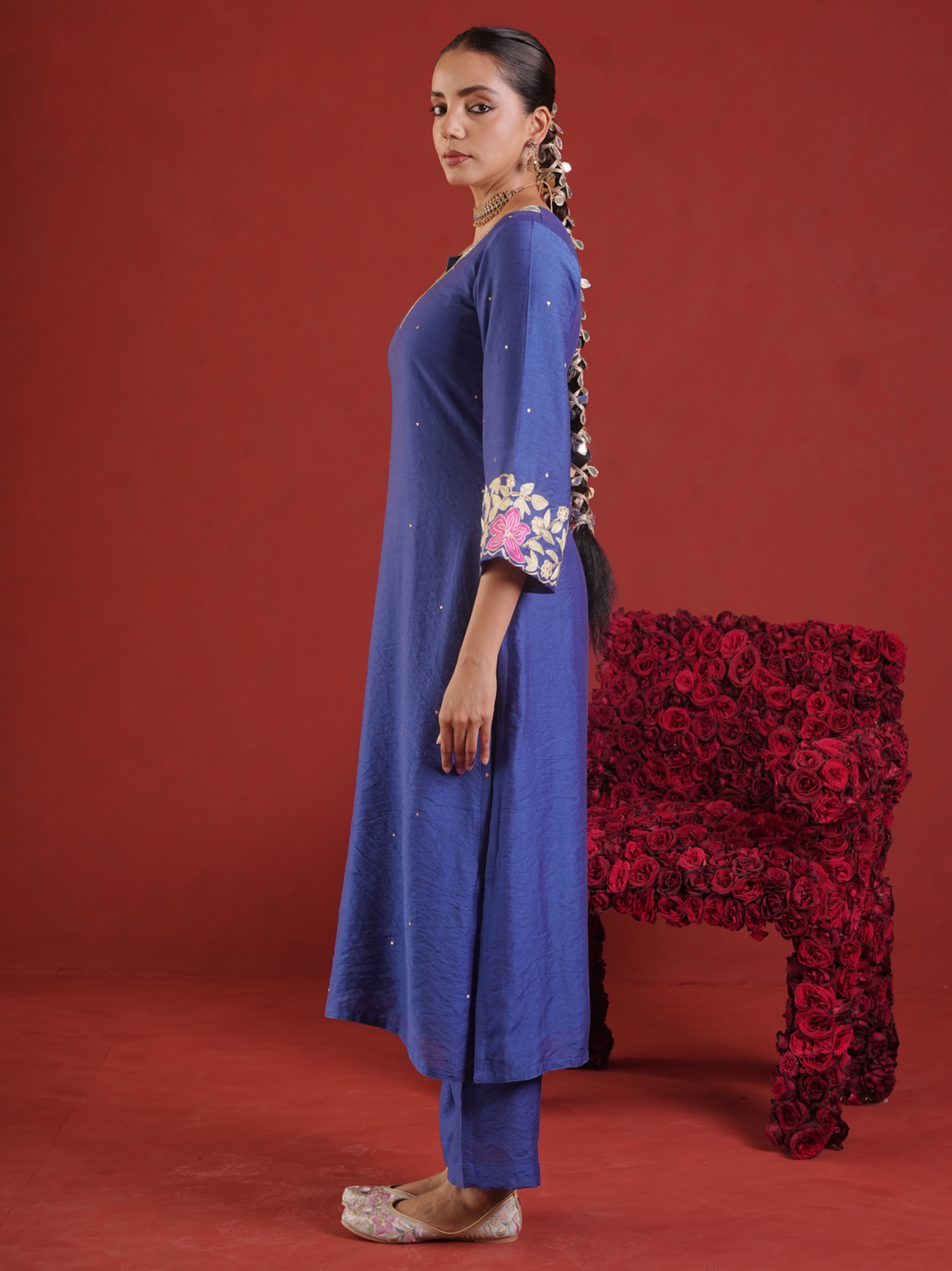 Royal Blue Chanderi Embroidered Kurta Pant Set with Organza Dupatta