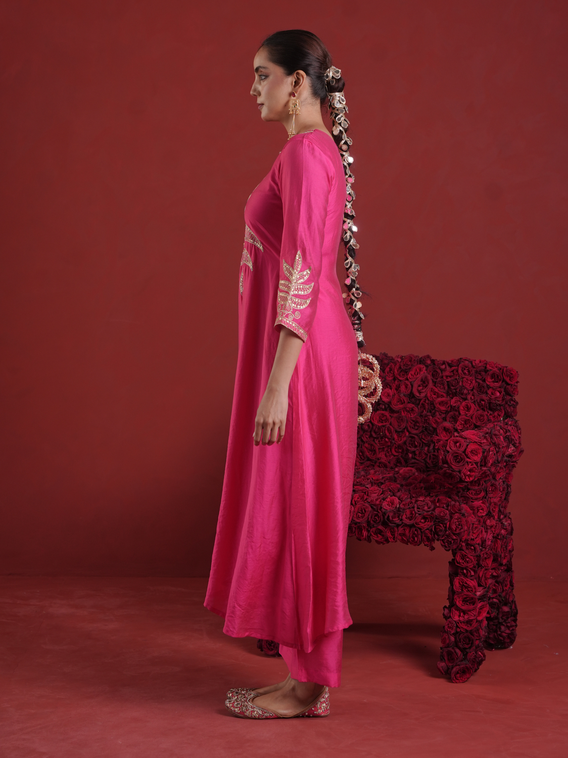 Fuchsia Pink Chanderi Sequin-Zari Kurta Set with Organza Dupatta