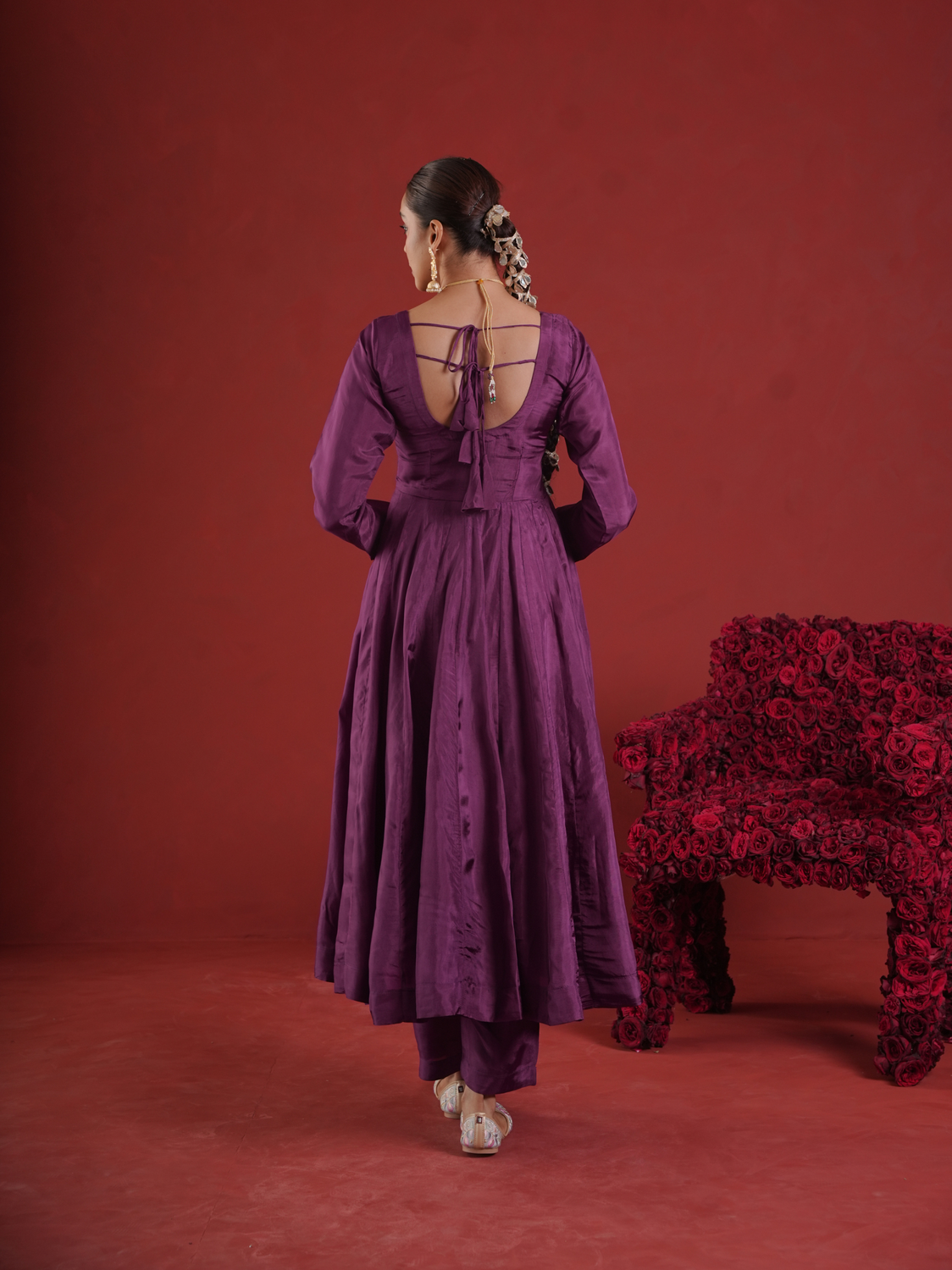 Royal Plum Silk Zari & Sequin Embroidered Anarkali with Zari Jaal Organza Dupatta