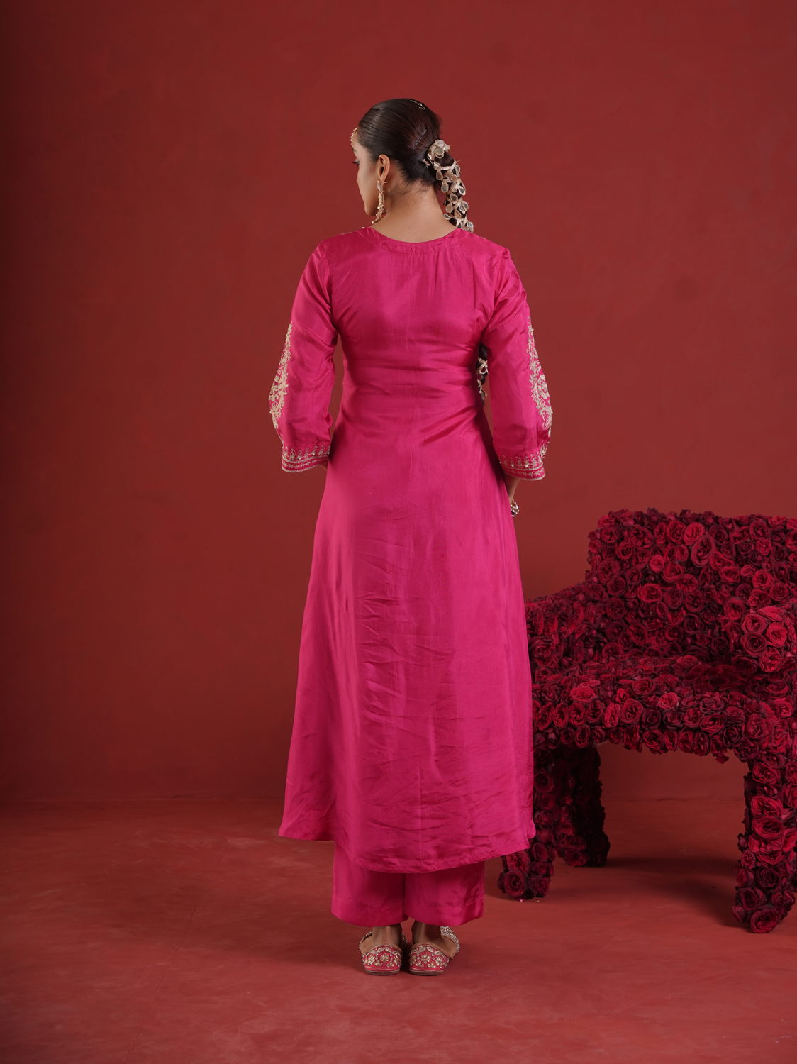 Pink Silk Zari & Sequin Embroidered Kurta Pant Set with Dupatta