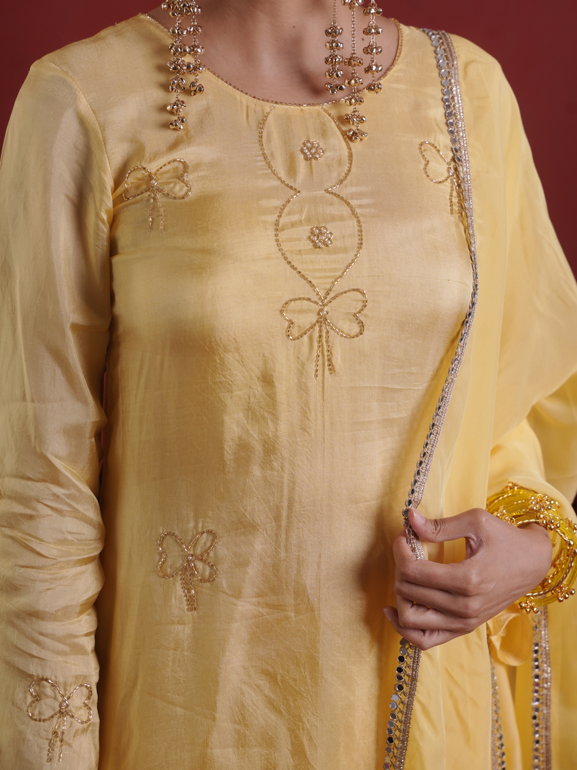 Butter Yellow Silk Kurta with Farsi Salwar & Organza Dupatta