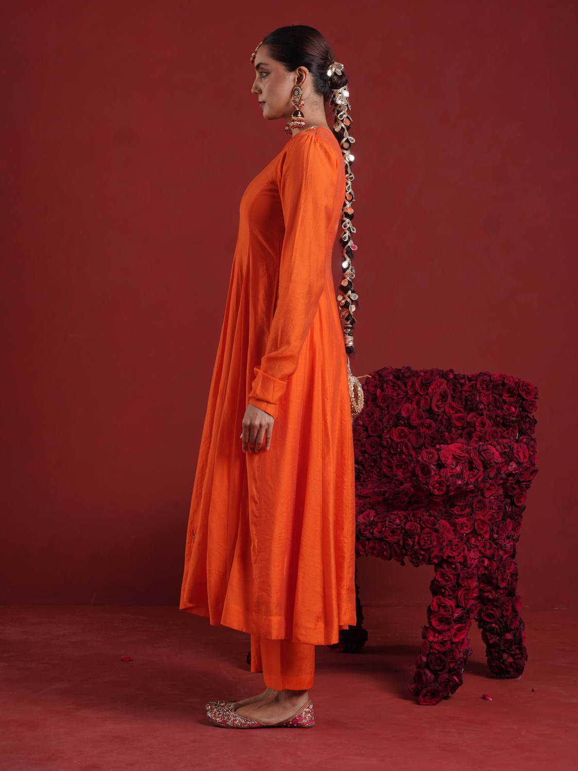 Orange Chanderi Anarkali Kurta Set with Pink Zari Sequin Dupatta