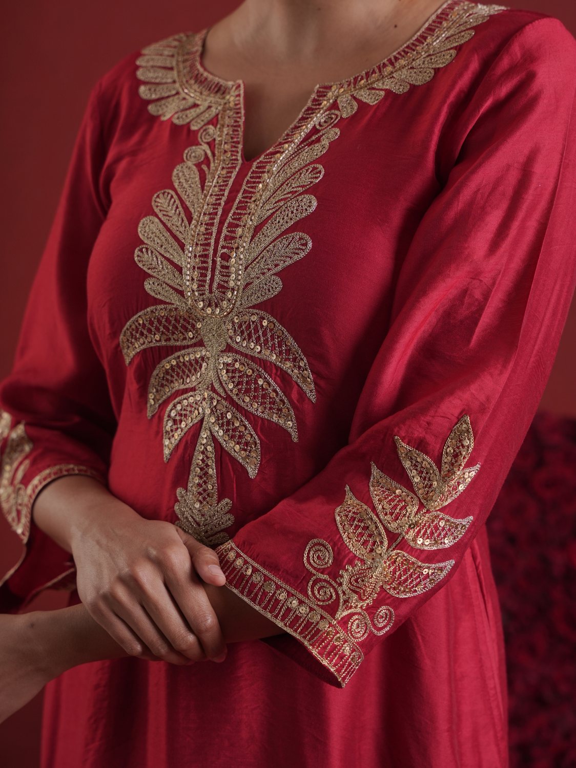 Maroon Chanderi Sequin-Zari Kurta Set with Organza Dupatta