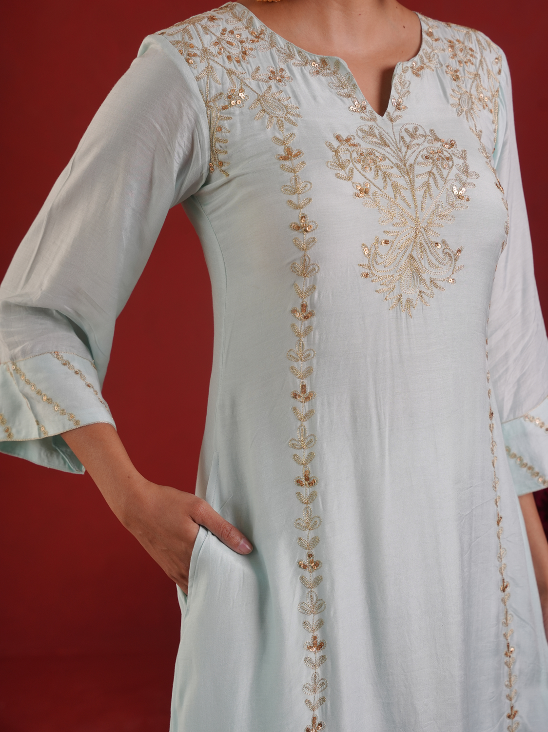 Ivory Mist Silk Zari Hand-Embroidered Kurta Set with Dupatta