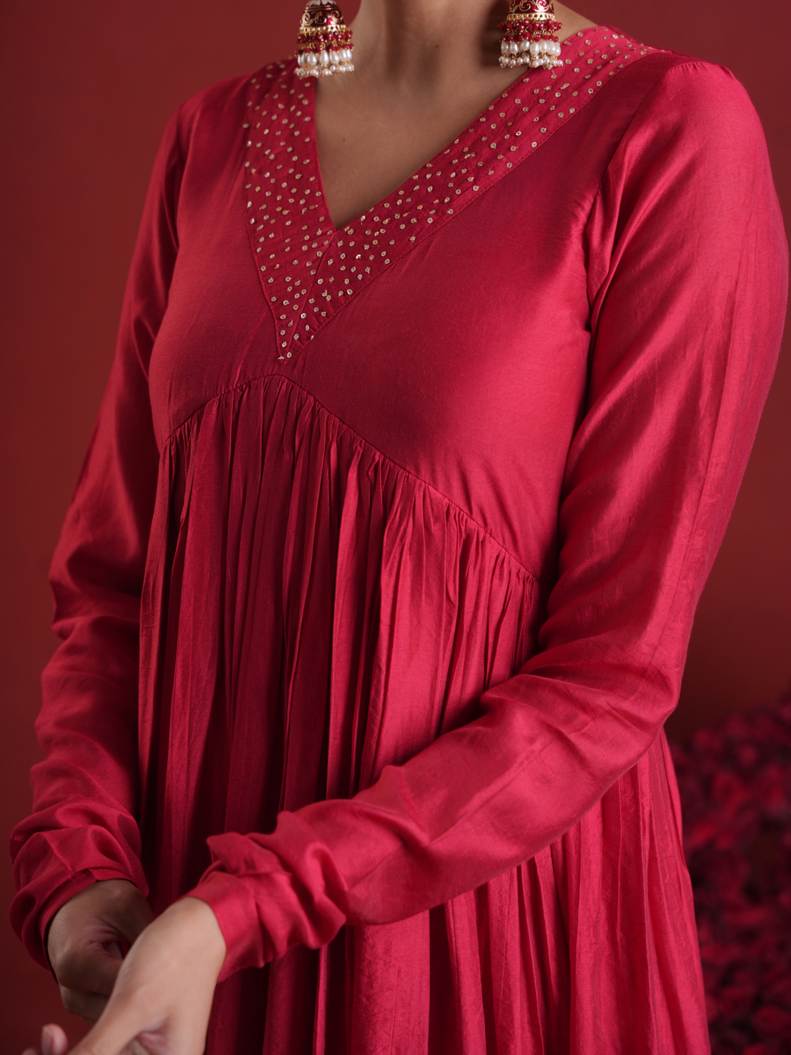 Maroon Sequin Embellished Chanderi Kurta Set with Dupatta