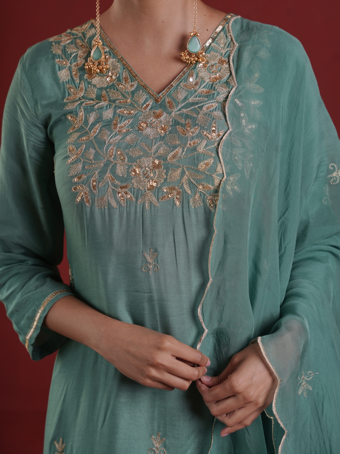 Sage Green Silk Kurta Set with Hand-Embellished Organza Dupatta