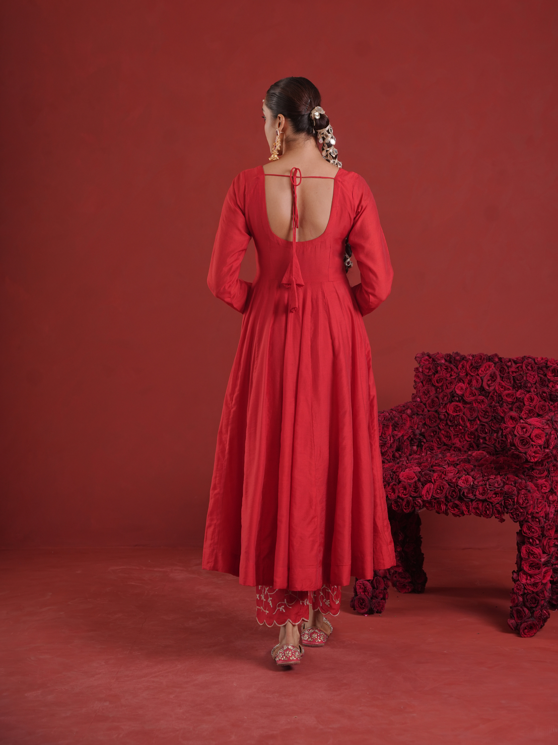 Red Chanderi Anarkali with Embroidered Zari Pants & Organza Dupatta