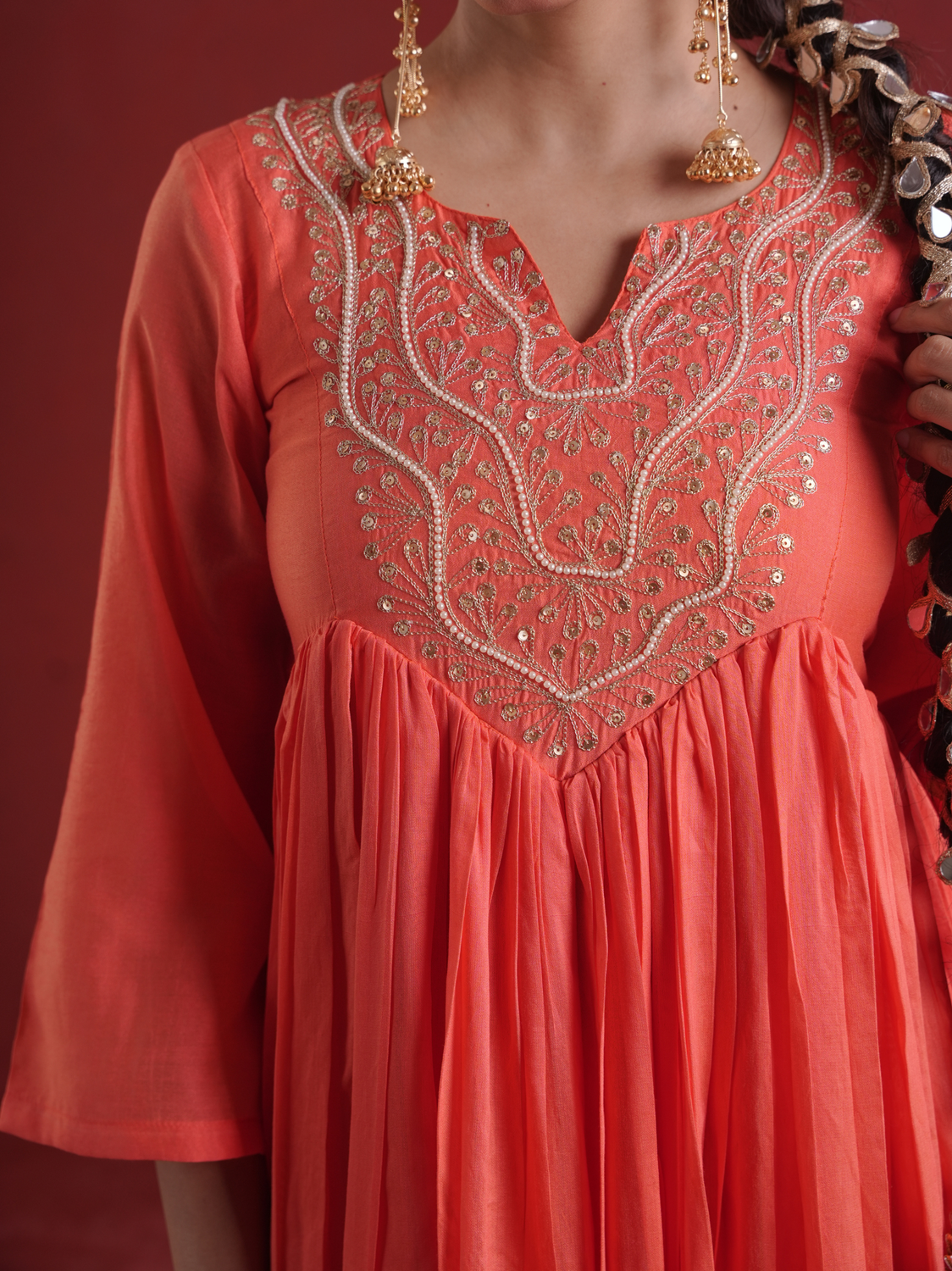 Orange Chanderi Zari Hand-Embroidered Kurta Set with Dupatta