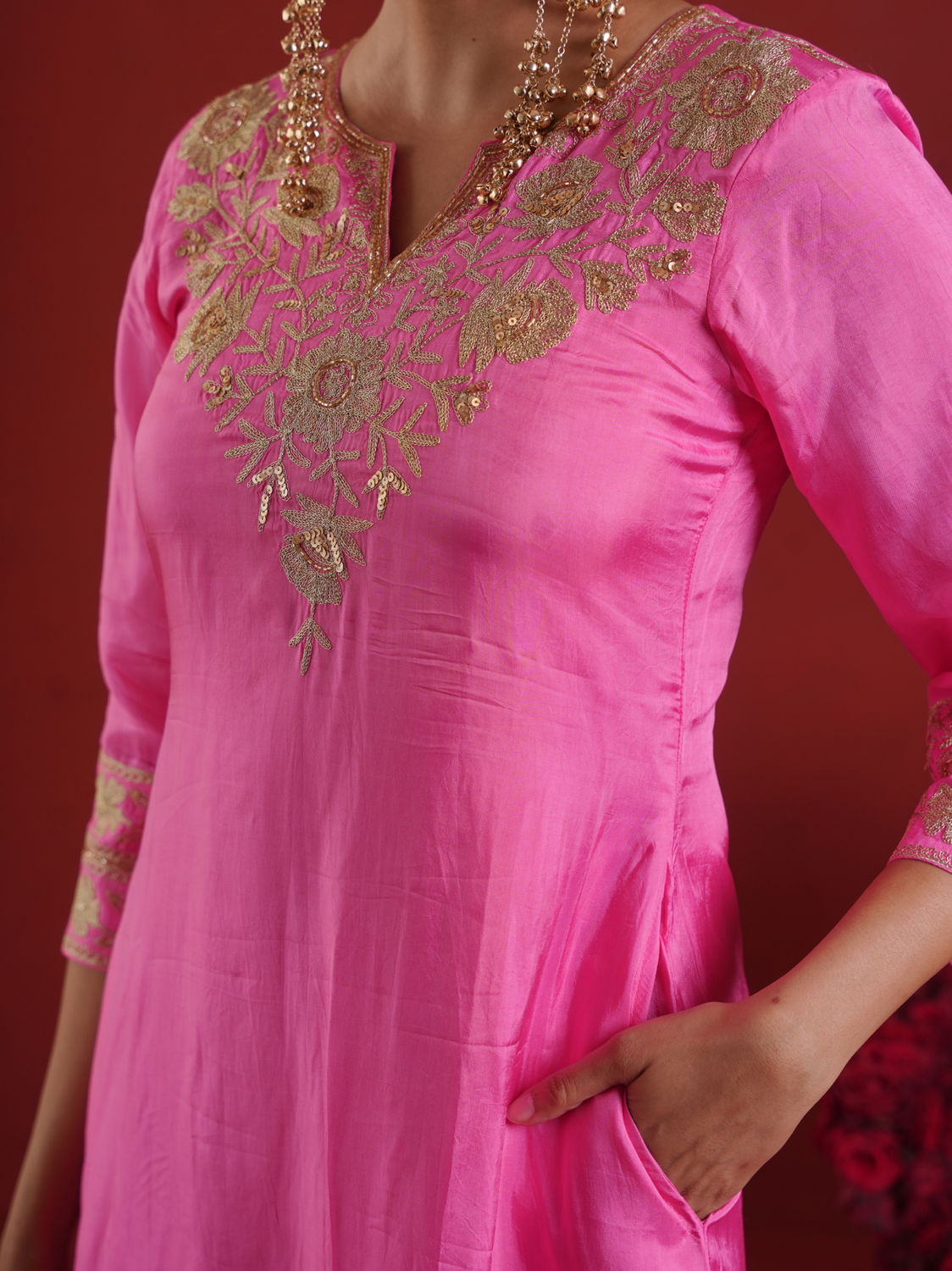 Pink Zari Embroidered Silk Kurta with Dupatta