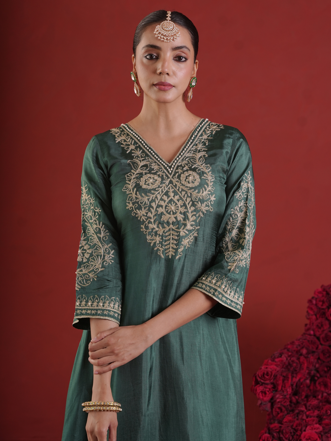 Green Silk Zari Embroidered Kurta Pant Set with Organza Dupatta