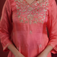 Peach Silk Kurta Set with Hand-Embellished Organza Dupatta