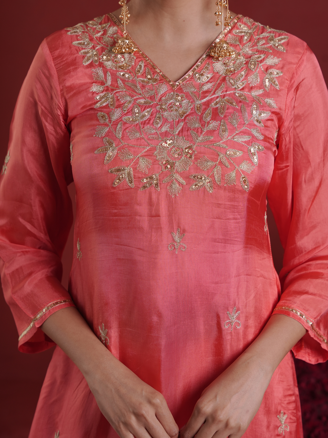 Peach Silk Kurta Set with Hand-Embellished Organza Dupatta