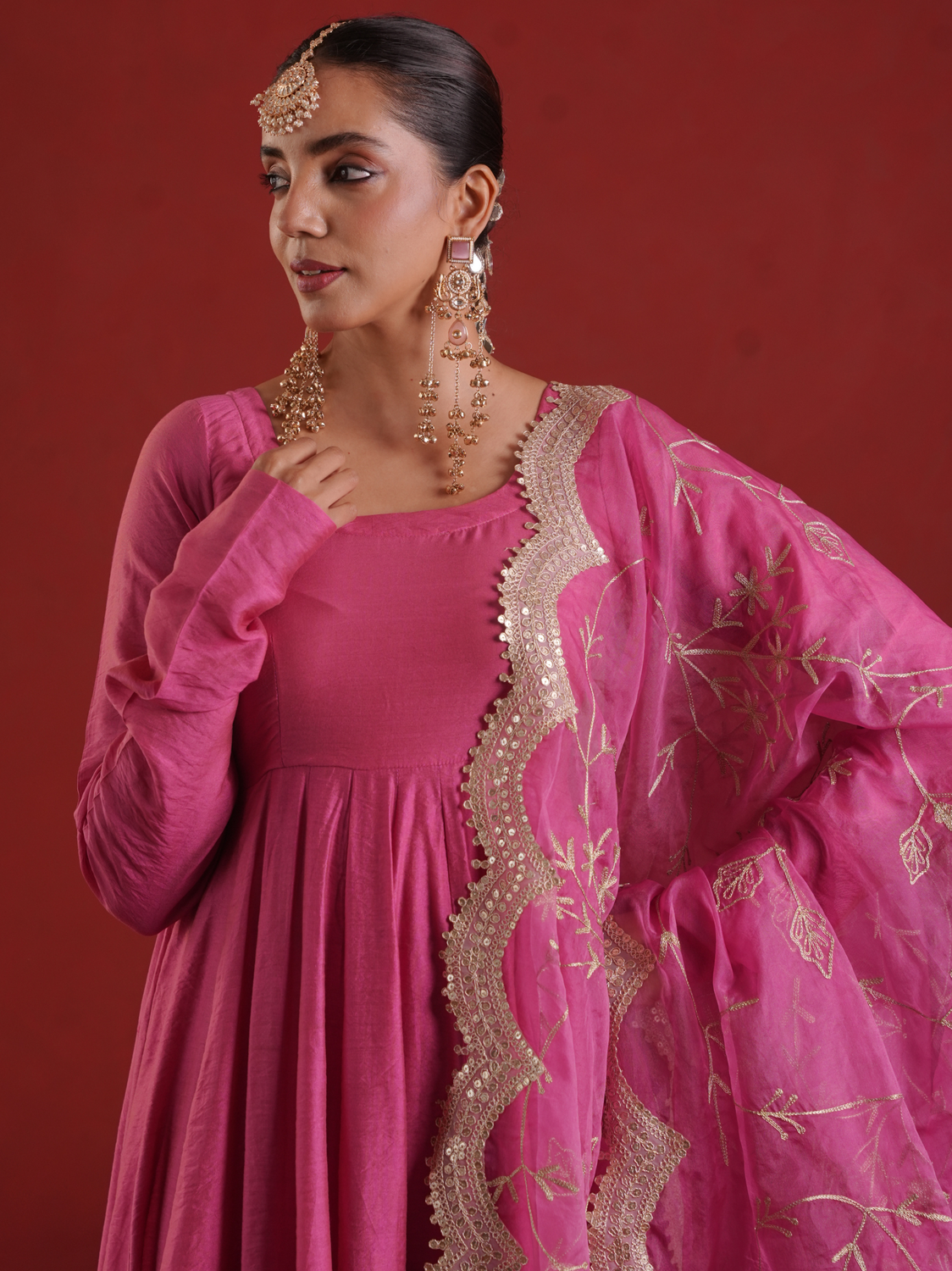 Rose Pink Chanderi Anarkali Set with Zari Jaal Organza Dupatta