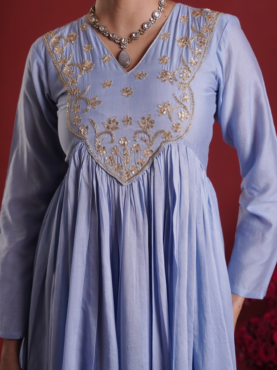 Powder Blue Zari Sequin Chanderi Gathered Kurta Set with Organza Dupatta