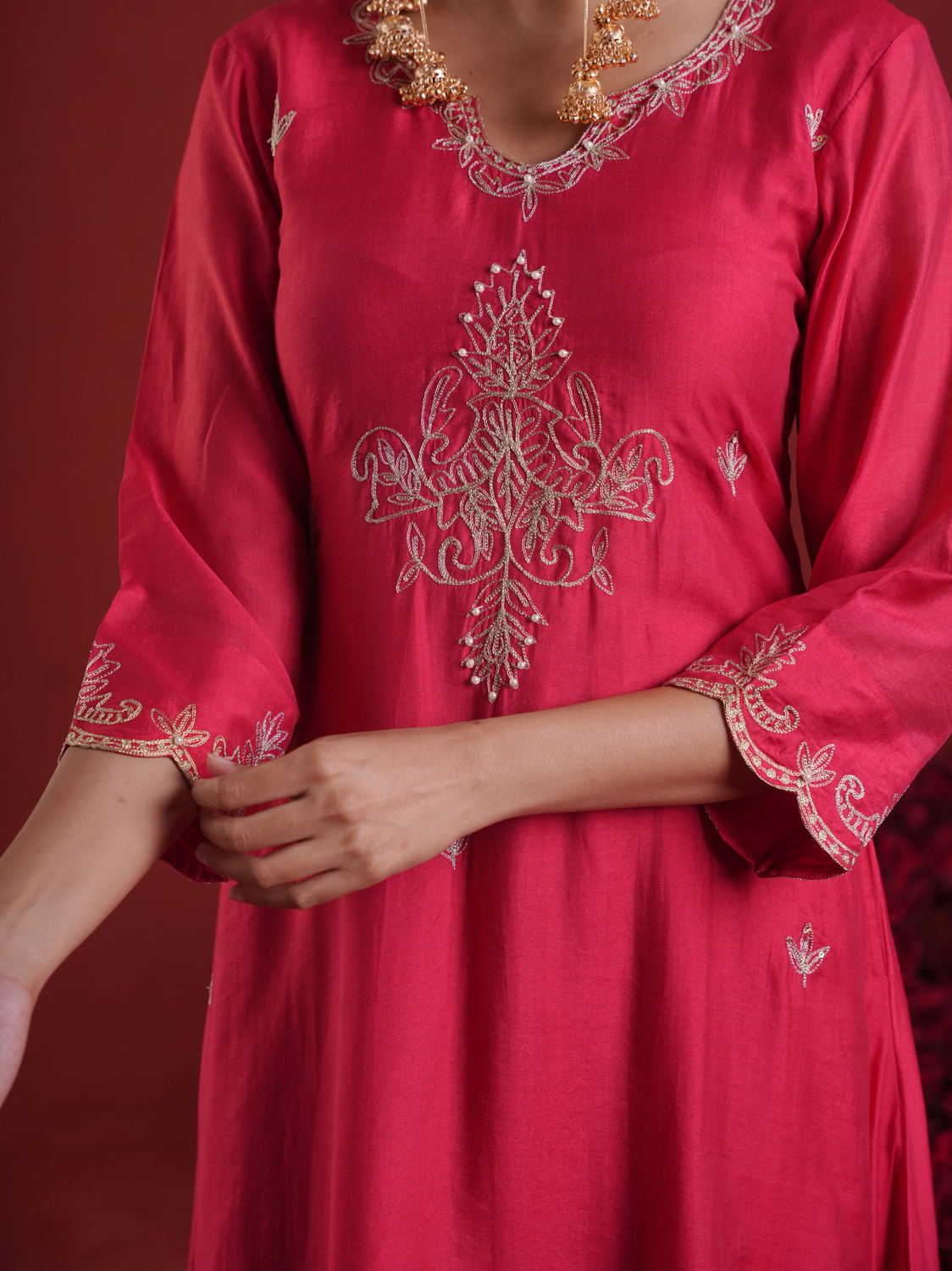 Ruby Red Pearl Embellished Chanderi Kurta Set with Organza Dupatta