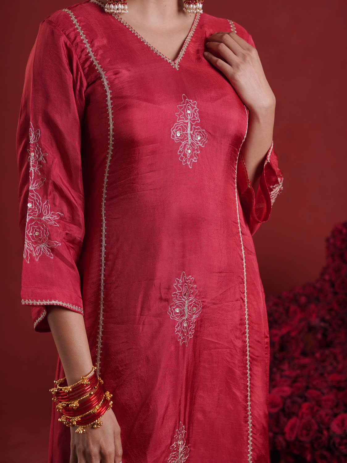 Maroon Zari Sequin Motif Silk Straight Kurta Set