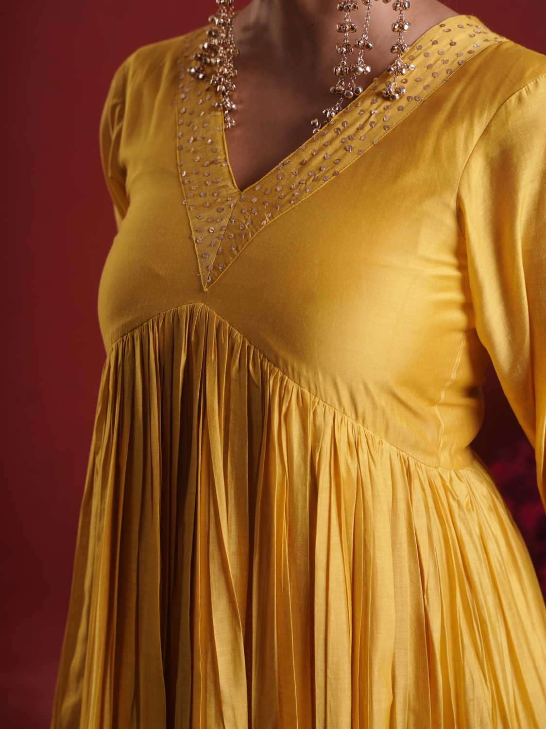 Amber Mustard Sequin Embellished Chanderi Kurta Set with Dupatta