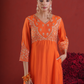 Orange Chanderi Zari & Sequin Embroidered Kurta Pant Set with Organza Dupatta