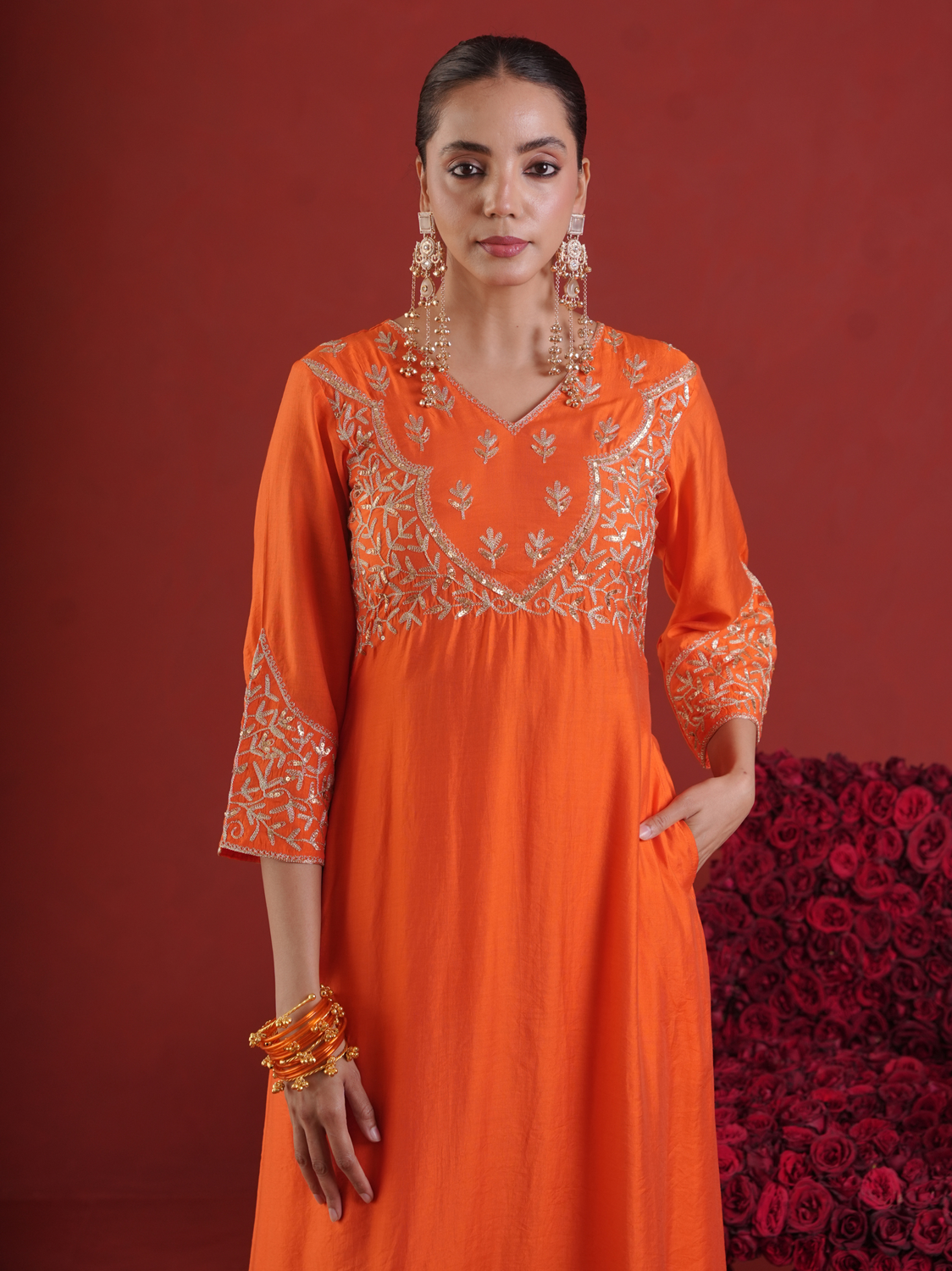 Orange Chanderi Zari & Sequin Embroidered Kurta Pant Set with Organza Dupatta