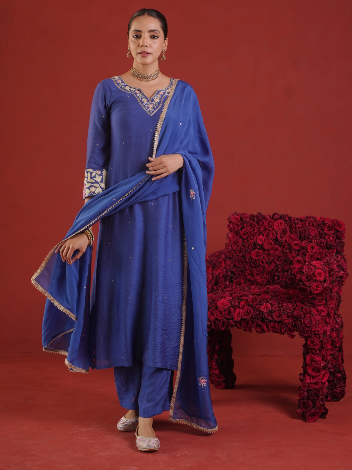 Royal Blue Chanderi Embroidered Kurta Pant Set with Organza Dupatta