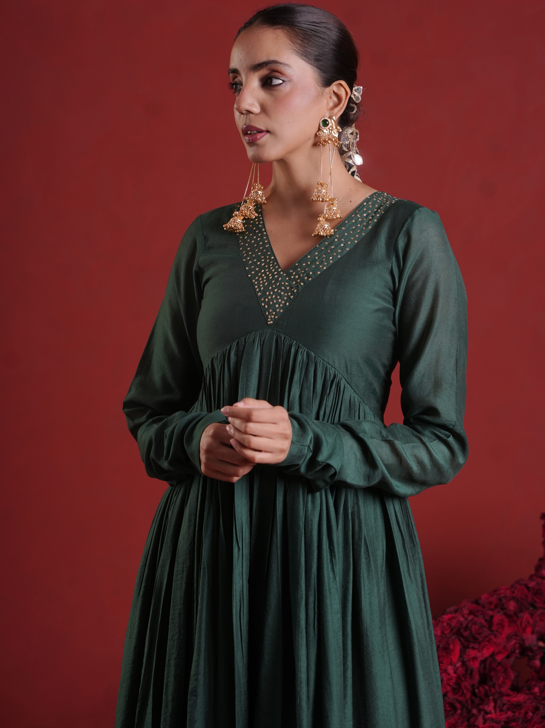 Emerald Green Sequin Embellished Chanderi Kurta Set with Dupatta