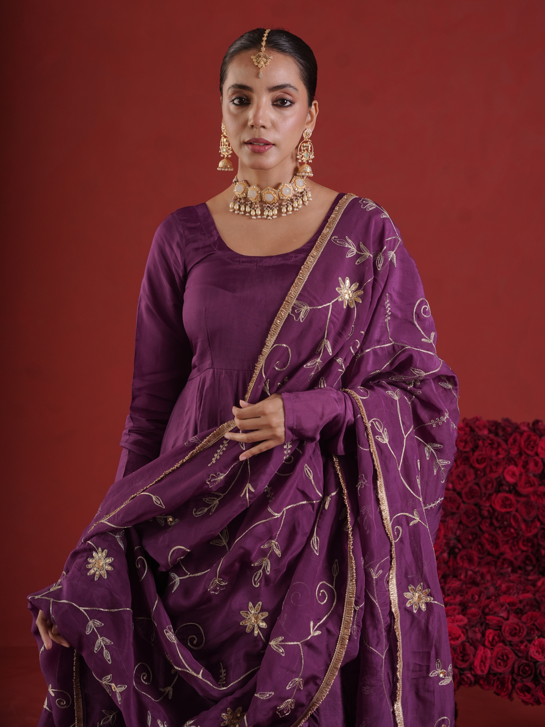 Royal Plum Silk Zari & Sequin Embroidered Anarkali with Zari Jaal Organza Dupatta