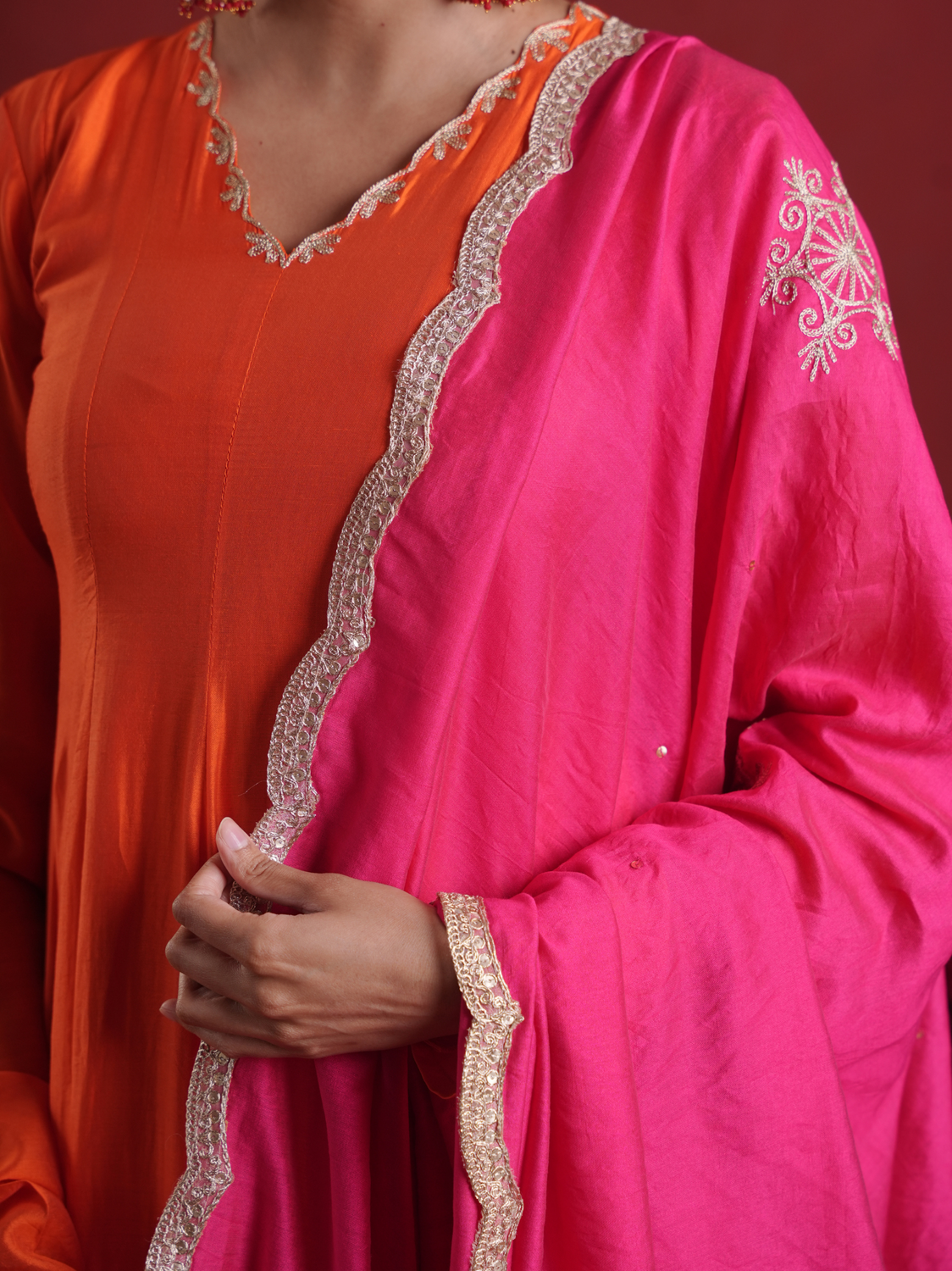 Orange Chanderi Anarkali Kurta Set with Pink Zari Sequin Dupatta