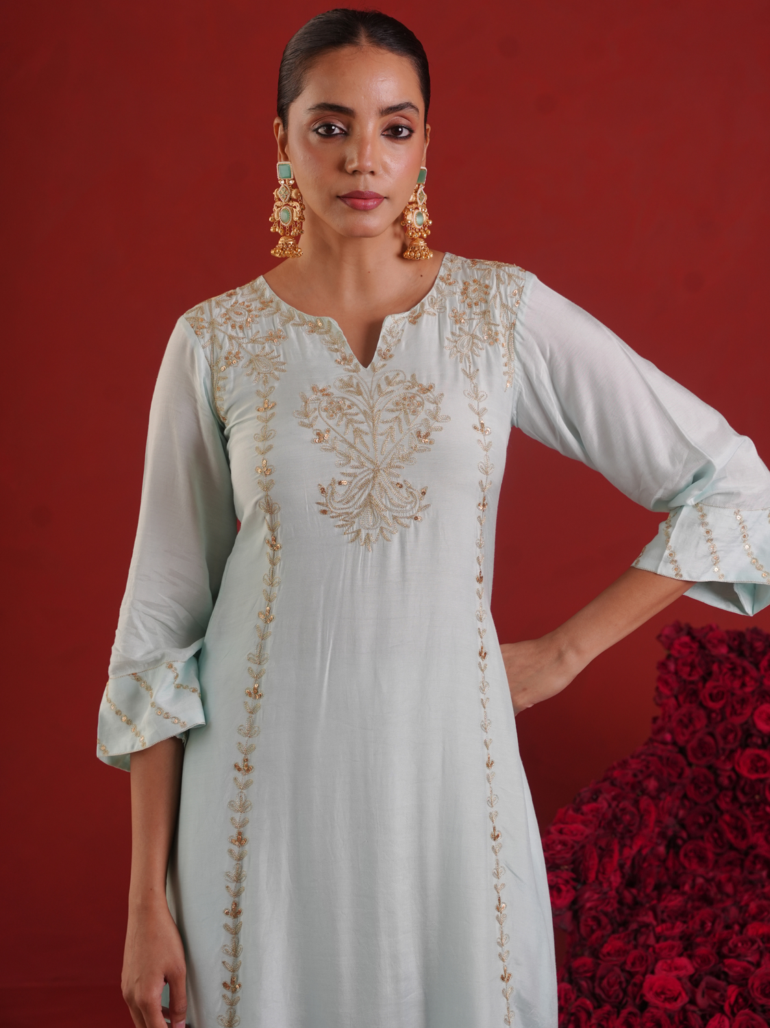 Ivory Mist Silk Zari Hand-Embroidered Kurta Set with Dupatta