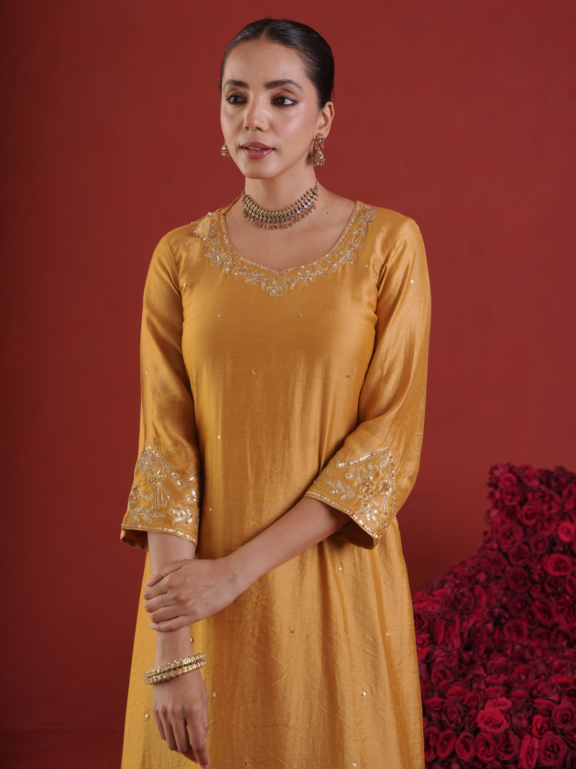 Mustard Chanderi Zari & Sequin Embroidered Kurta Pant Set with Dupatta