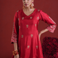Red Silk Aari & Sequin Embroidered Silk Kurta Set with Organza Dupatta