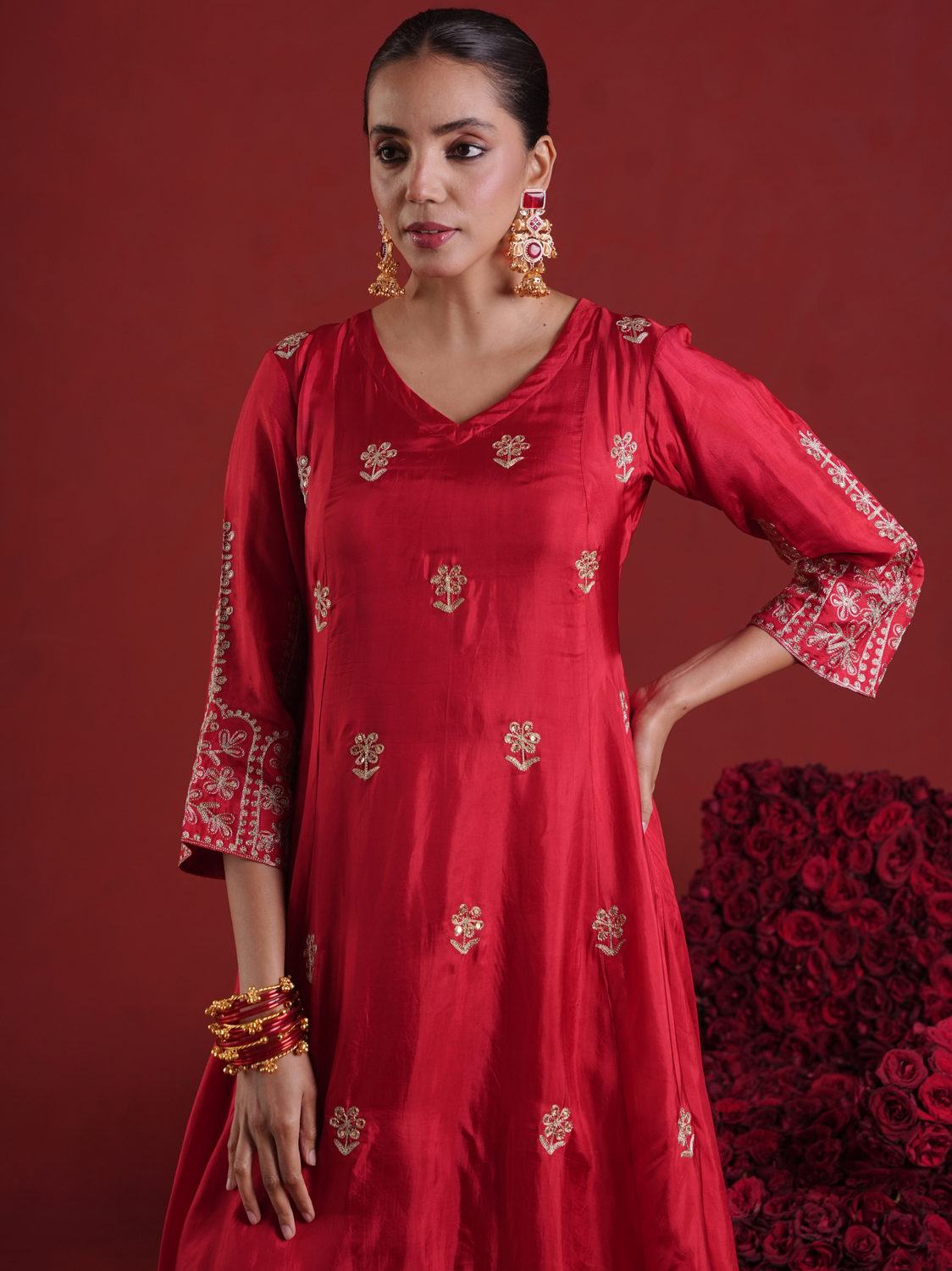 Red Silk Aari & Sequin Embroidered Silk Kurta Set with Organza Dupatta