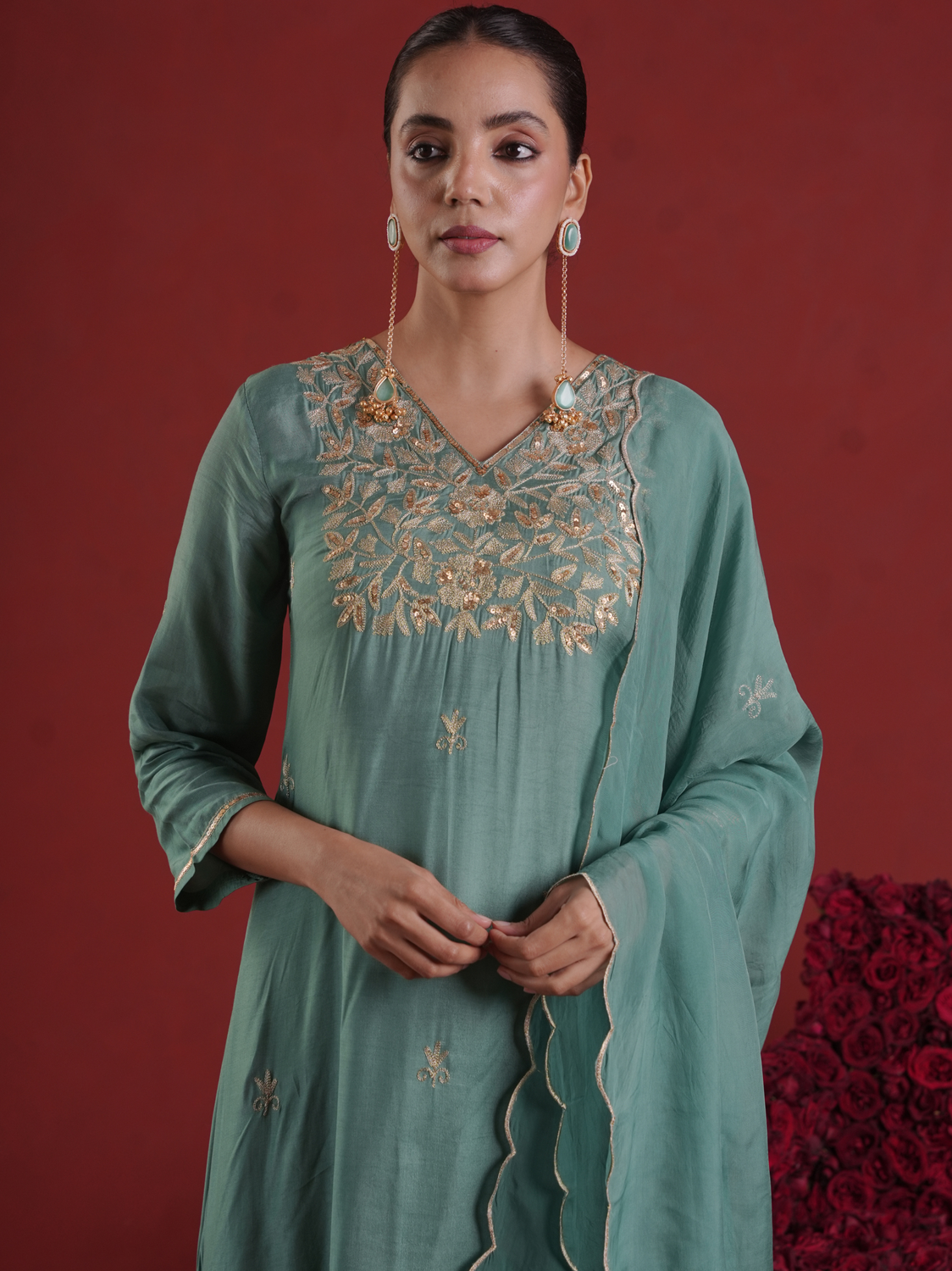 Sage Green Silk Kurta Set with Hand-Embellished Organza Dupatta